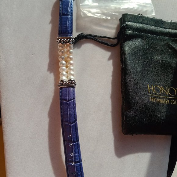 Honora Double Row Freshwater Pearl Royal Blue Genuine Leather Bracelet 925 - Picture 10 of 10